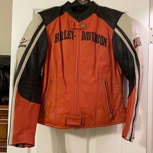 Harley Davidson ladies heavy leather jacket orange black racing Size Medium